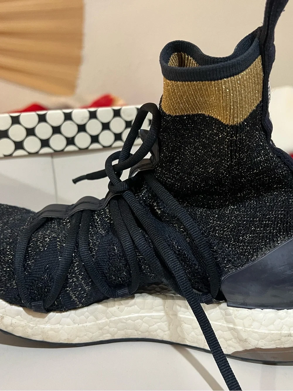 Adidas by Stella McCartney Black Knit High-Top Sneaker with Gold Ankle Stripe